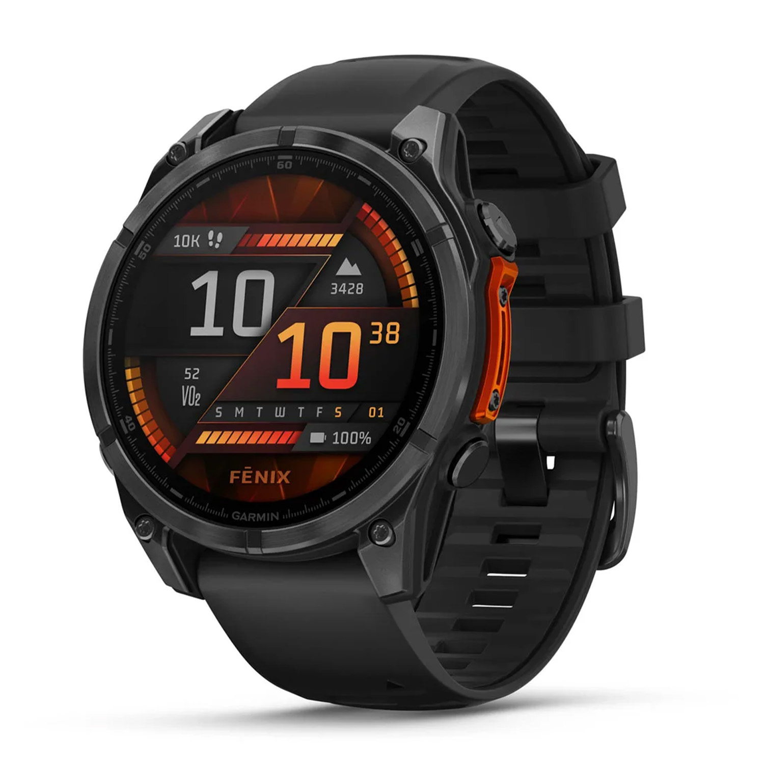 Un orologio Garmin Fenix nero con dettagli arancioni, che mostra dati fitness.