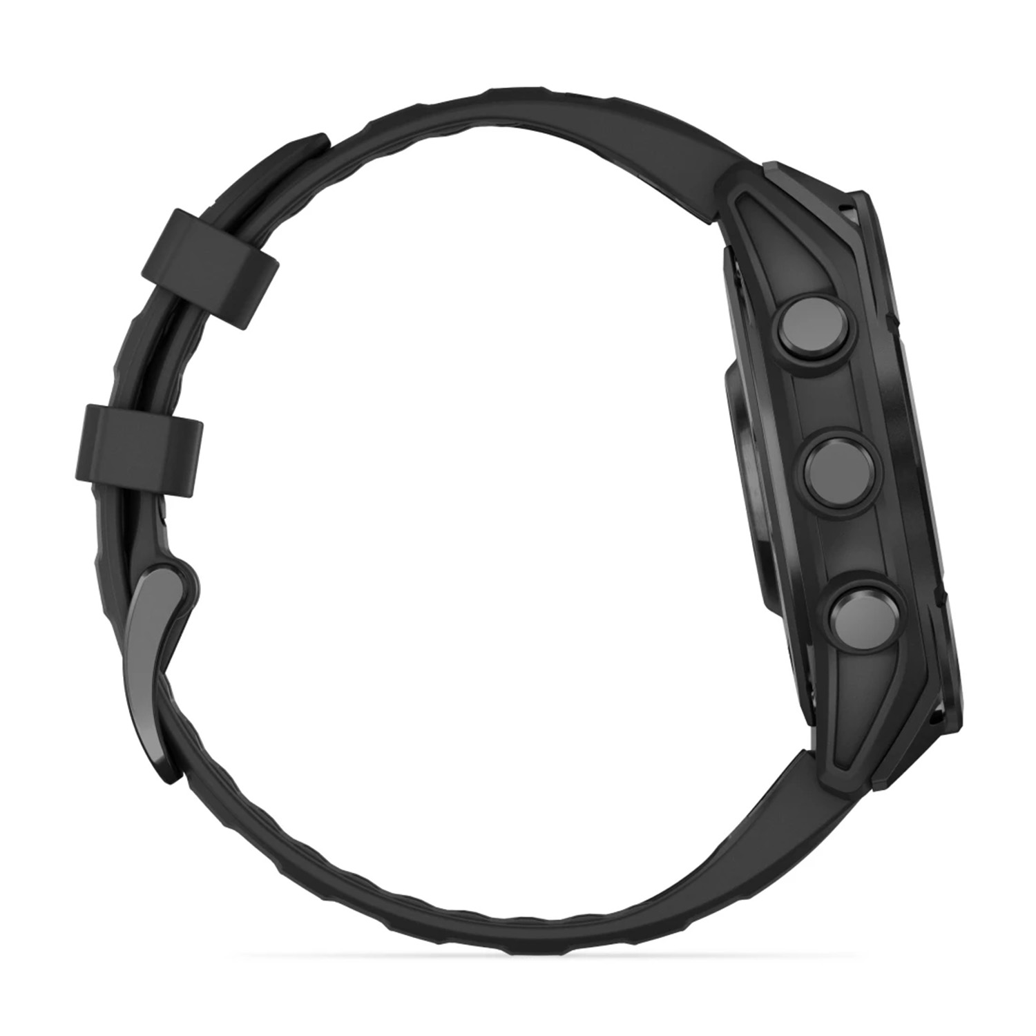 Vista laterale di uno smartwatch Garmin nero. L'orologio ha tre pulsanti e un cinturino nero.