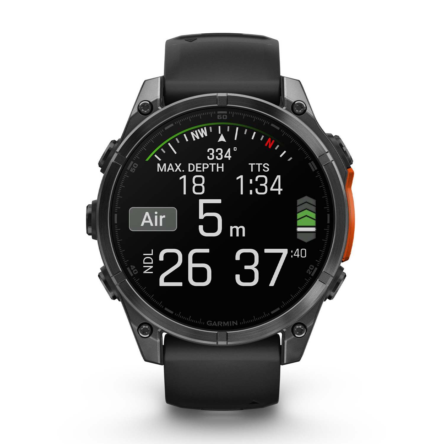 Orologio subacqueo nero con display digitale che mostra profondità, ora e direzione della bussola.