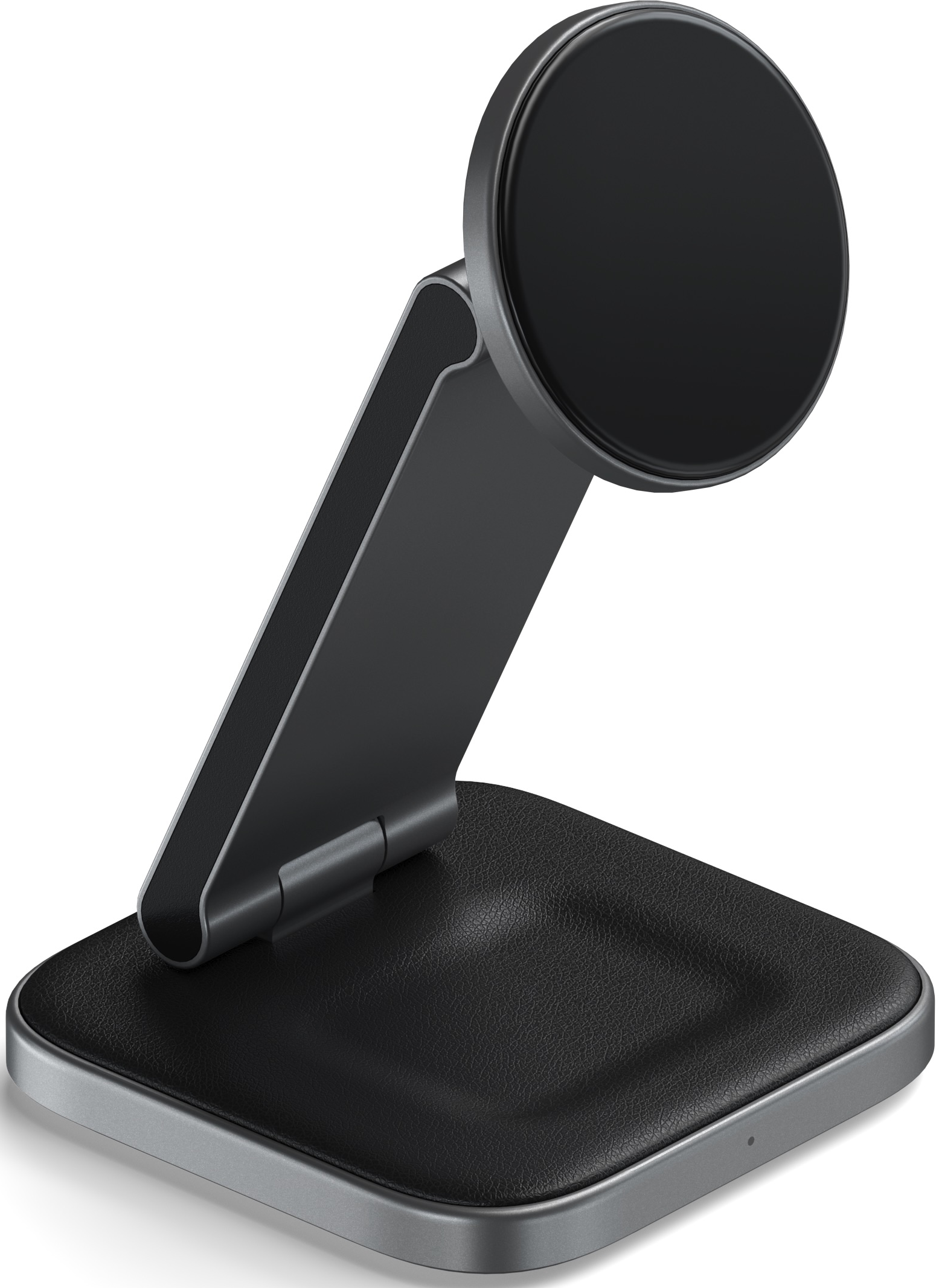 Supporto per telefono nero, con un supporto di ricarica nero e un supporto magnetico, su sfondo bianco.