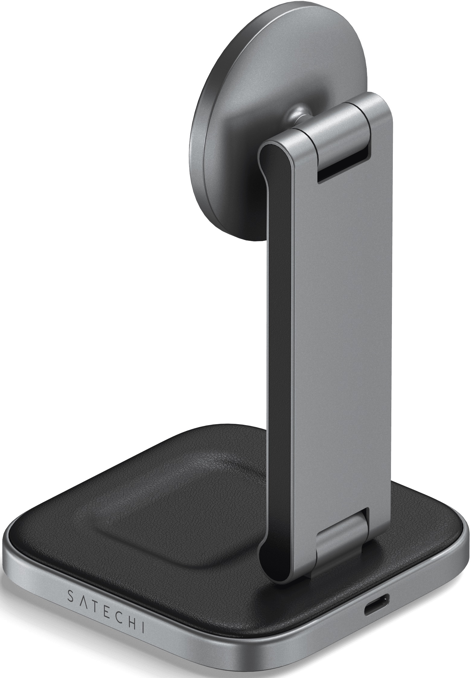 Un supporto per telefono argentato con base magnetica e braccio pieghevole, su una superficie nera. Il marchio Satechi è visibile.