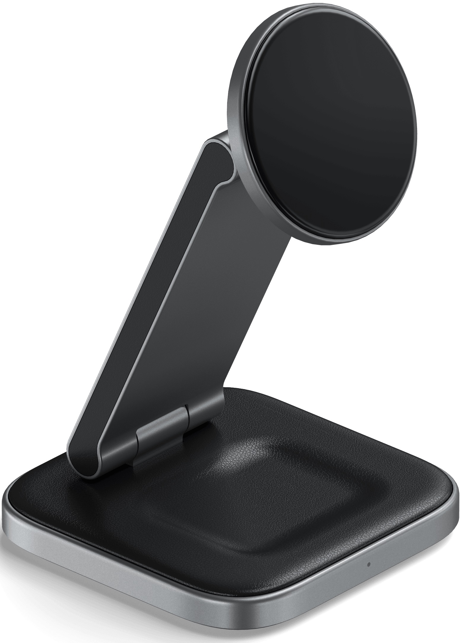 Support de téléphone noir avec support magnétique rond et base carrée, fond blanc.