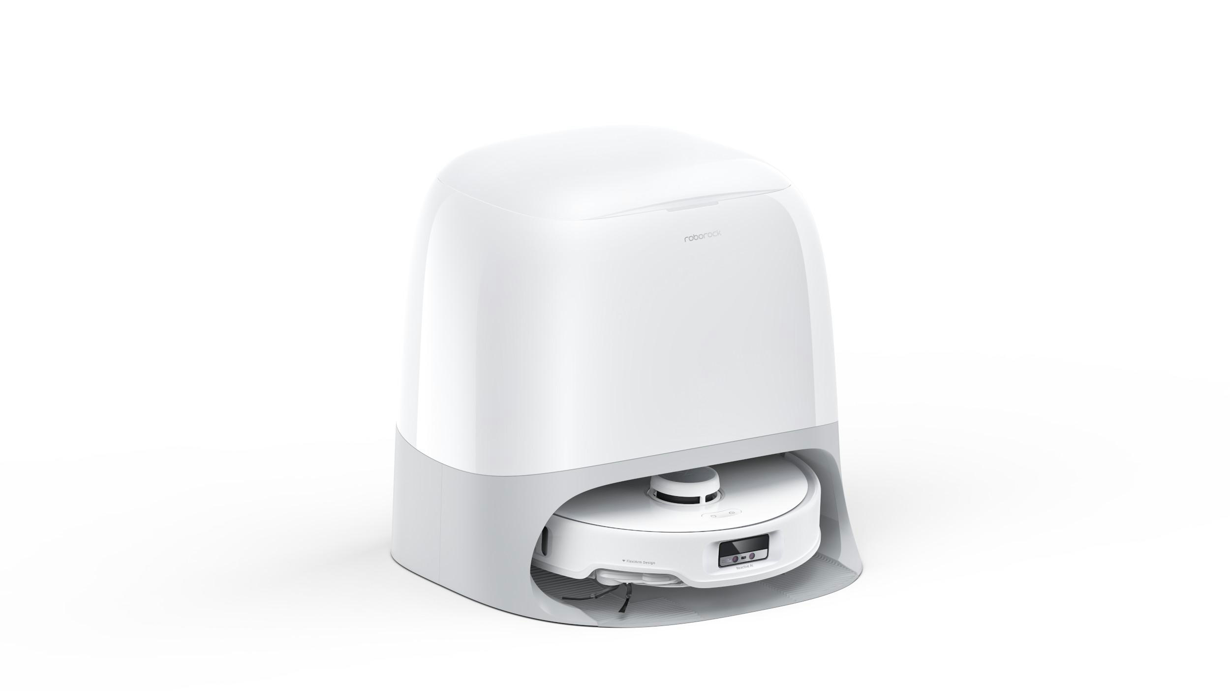 Weißer und grauer Roboter-Staubsauger mit Ladestation auf weißem Hintergrund.