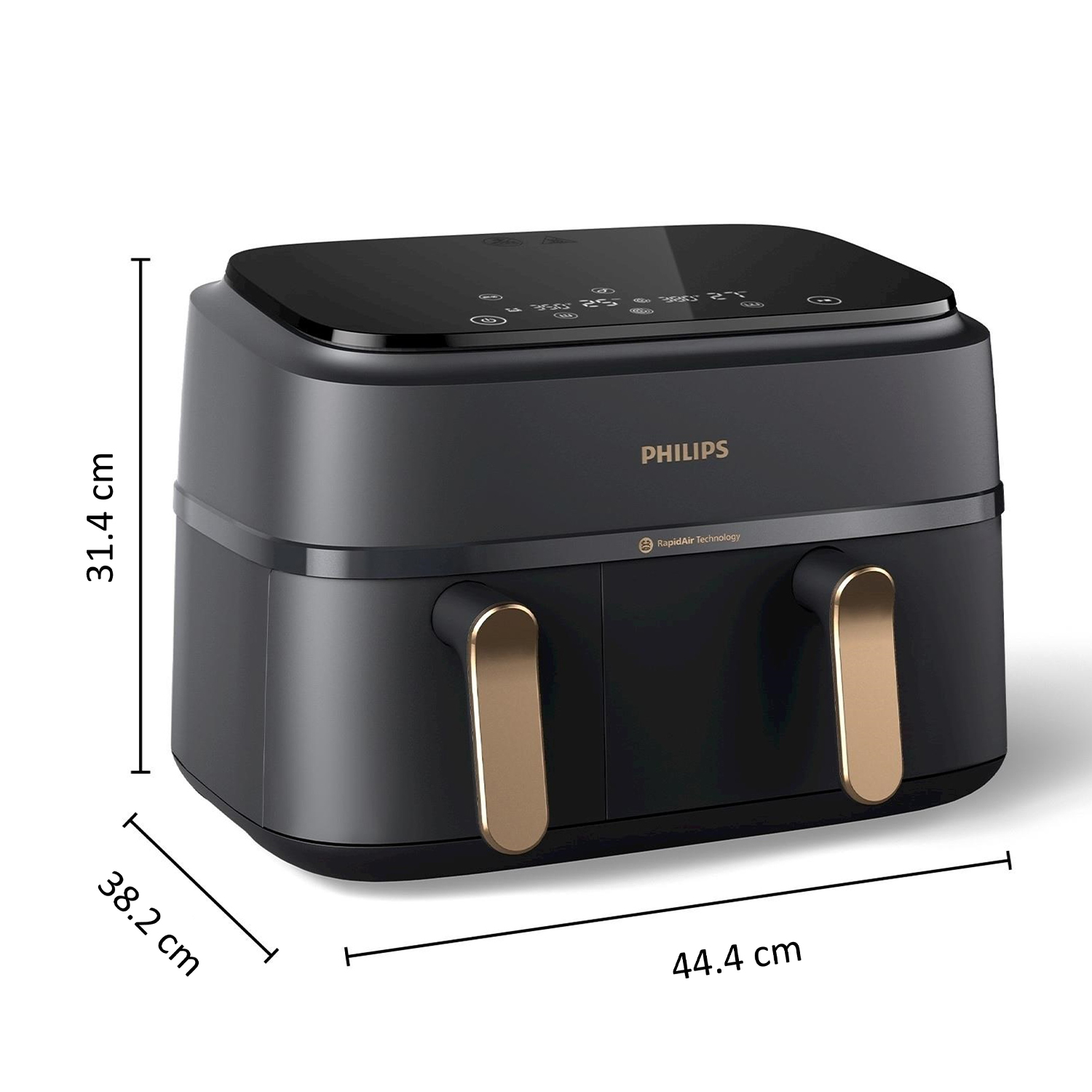 Friggitrice ad aria Philips nera con maniglie dorate e dimensioni. Ha un display digitale.