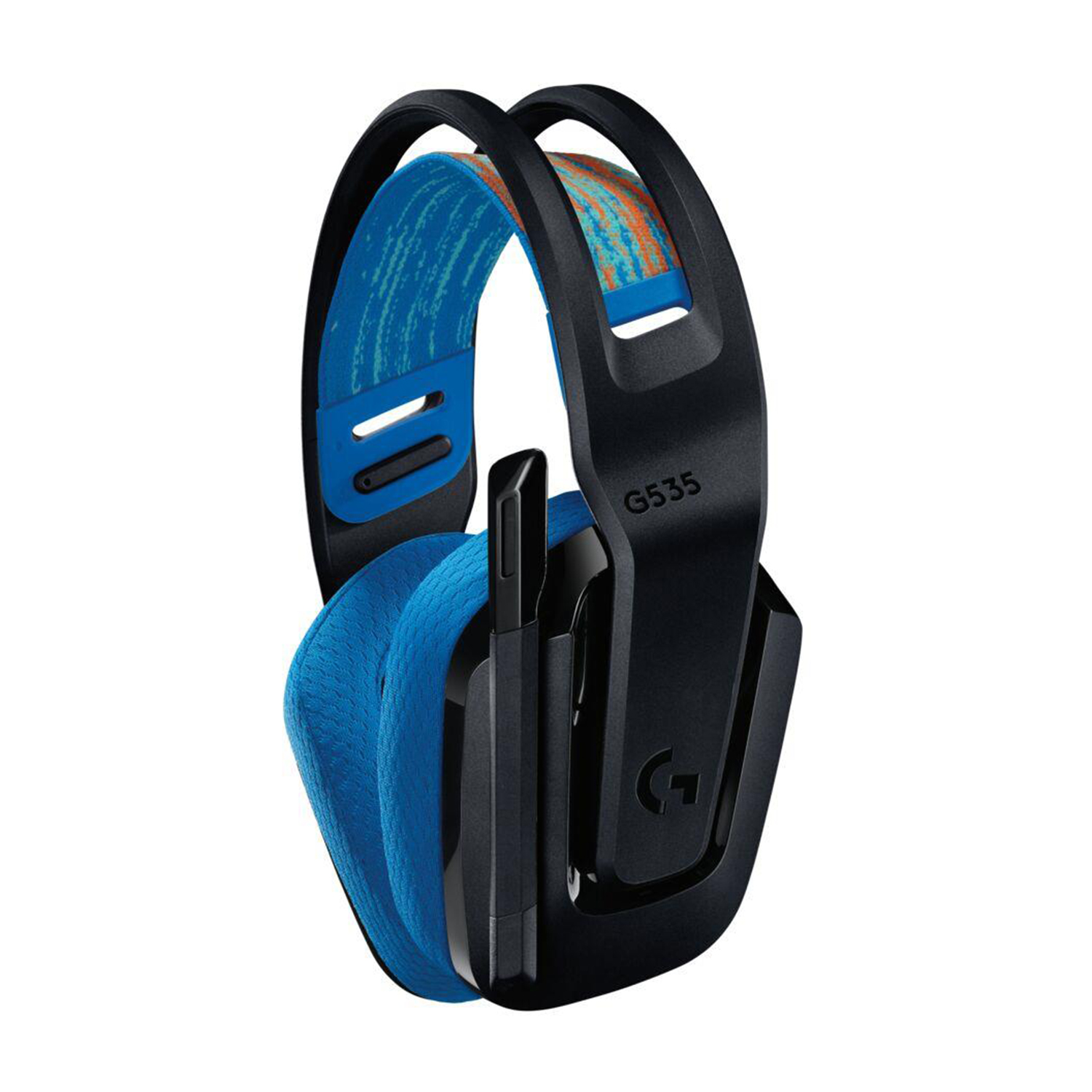 Cuffie da gaming nere e blu con microfono.