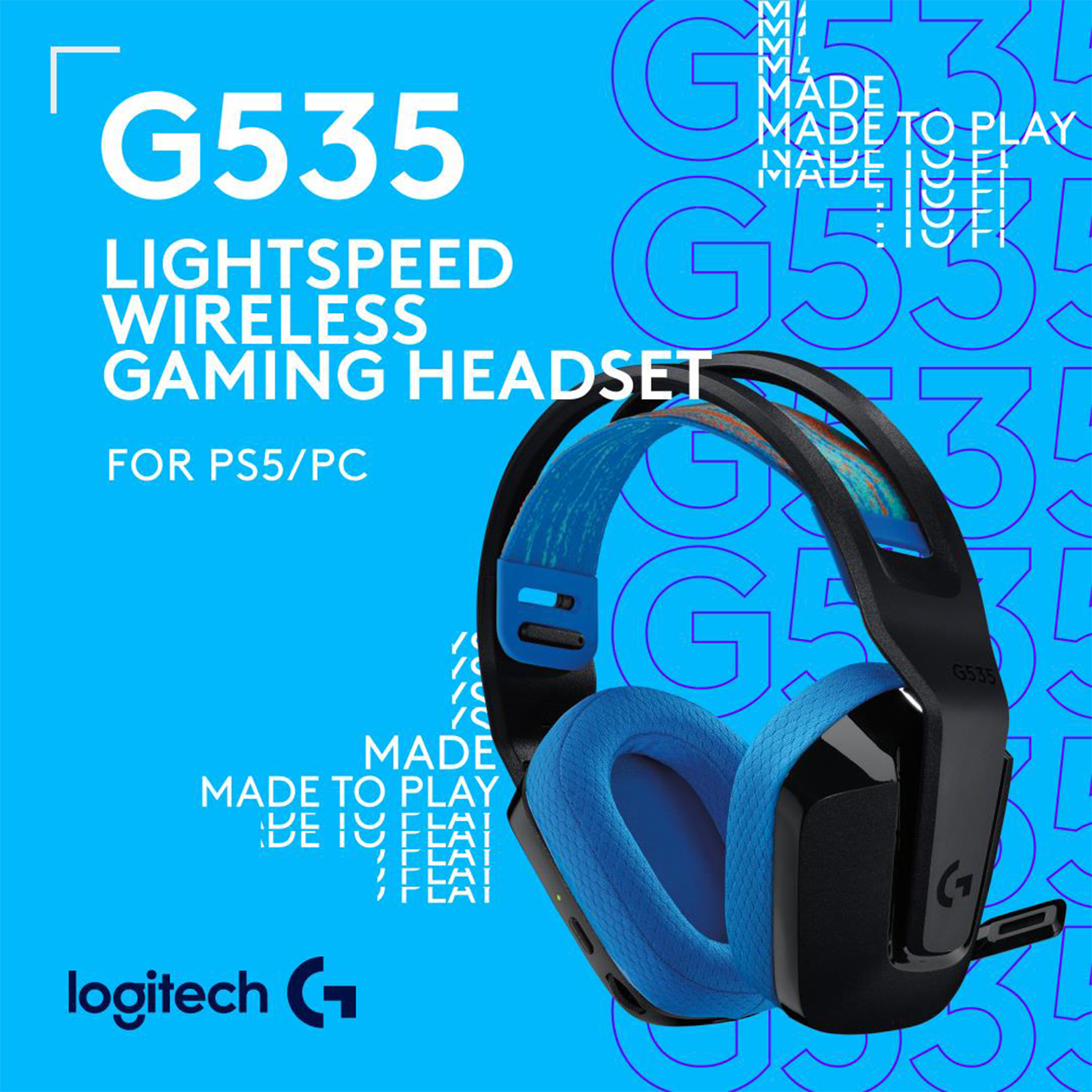 Cuffie da gioco wireless Logitech G535 Lightspeed. Cuffie blu e nere su sfondo blu.