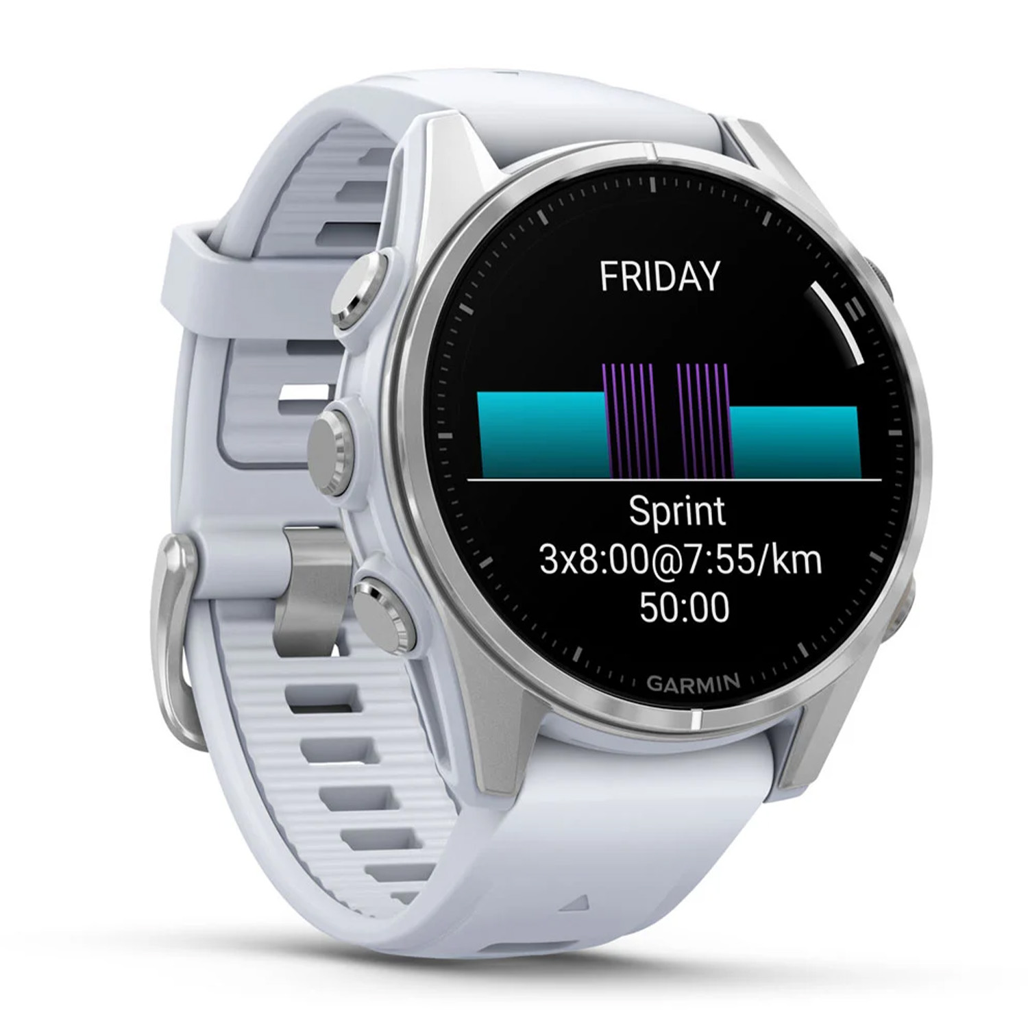 Un orologio Garmin bianco che mostra i dati dello sprint.