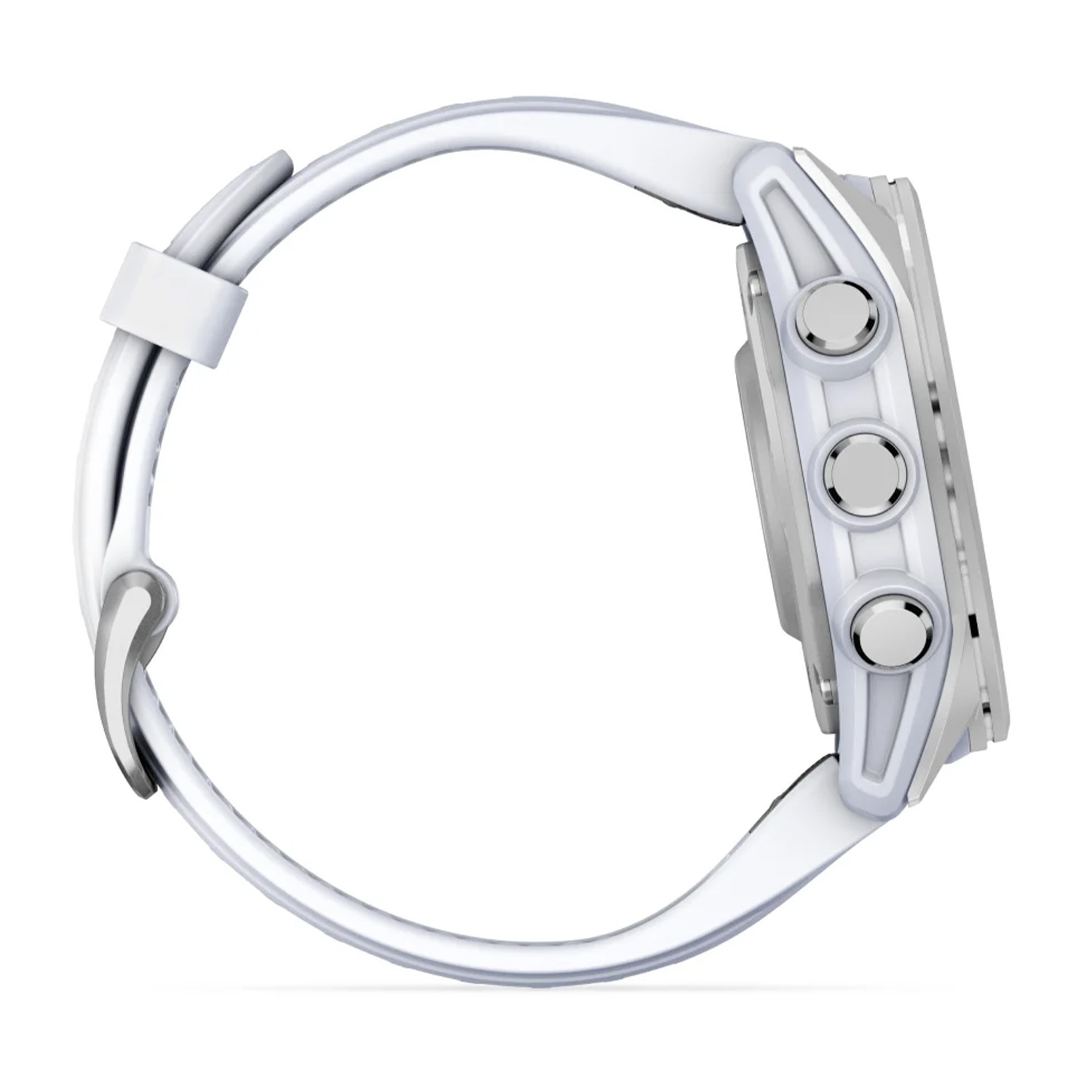 Uno smartwatch bianco, vista laterale, con cinturino bianco e pulsanti argentati.