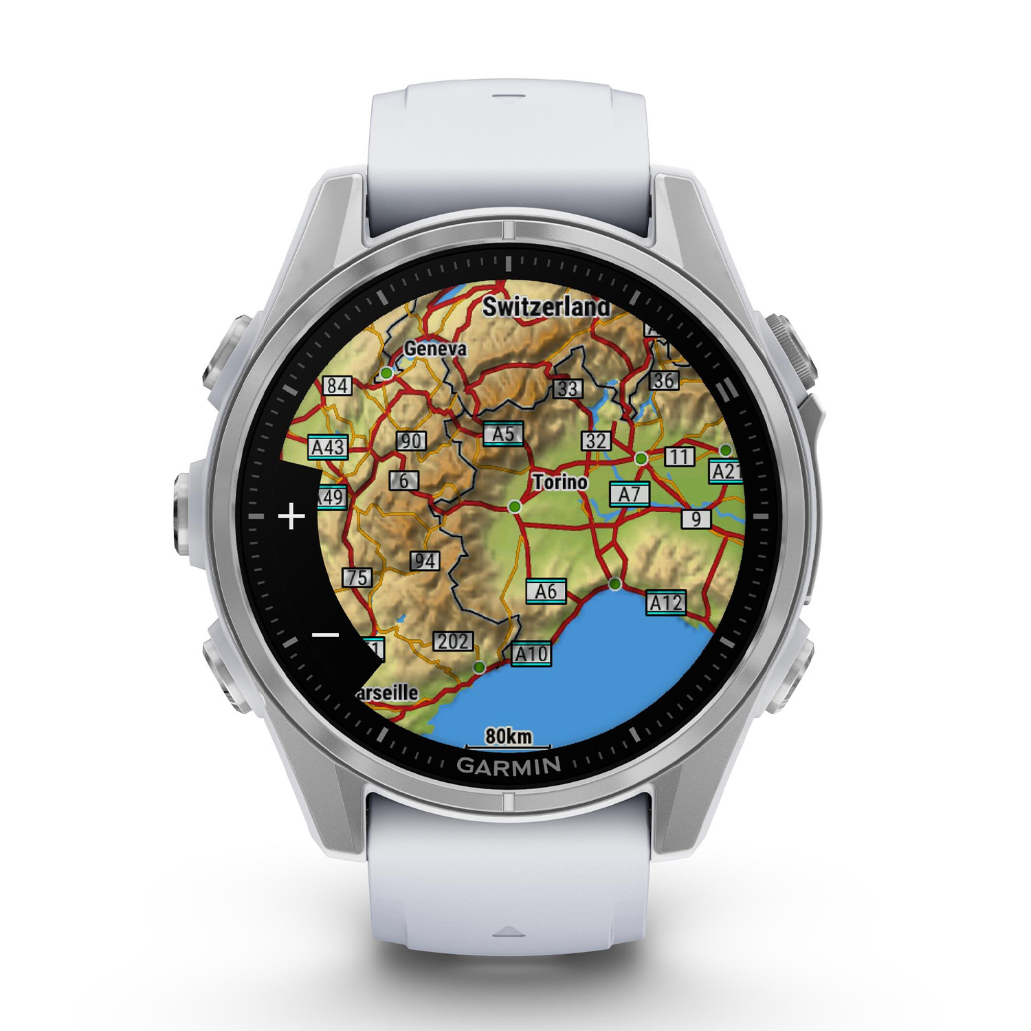 Smartwatch con mappa della Svizzera. Mostra strade, città e dettagli del terreno.
