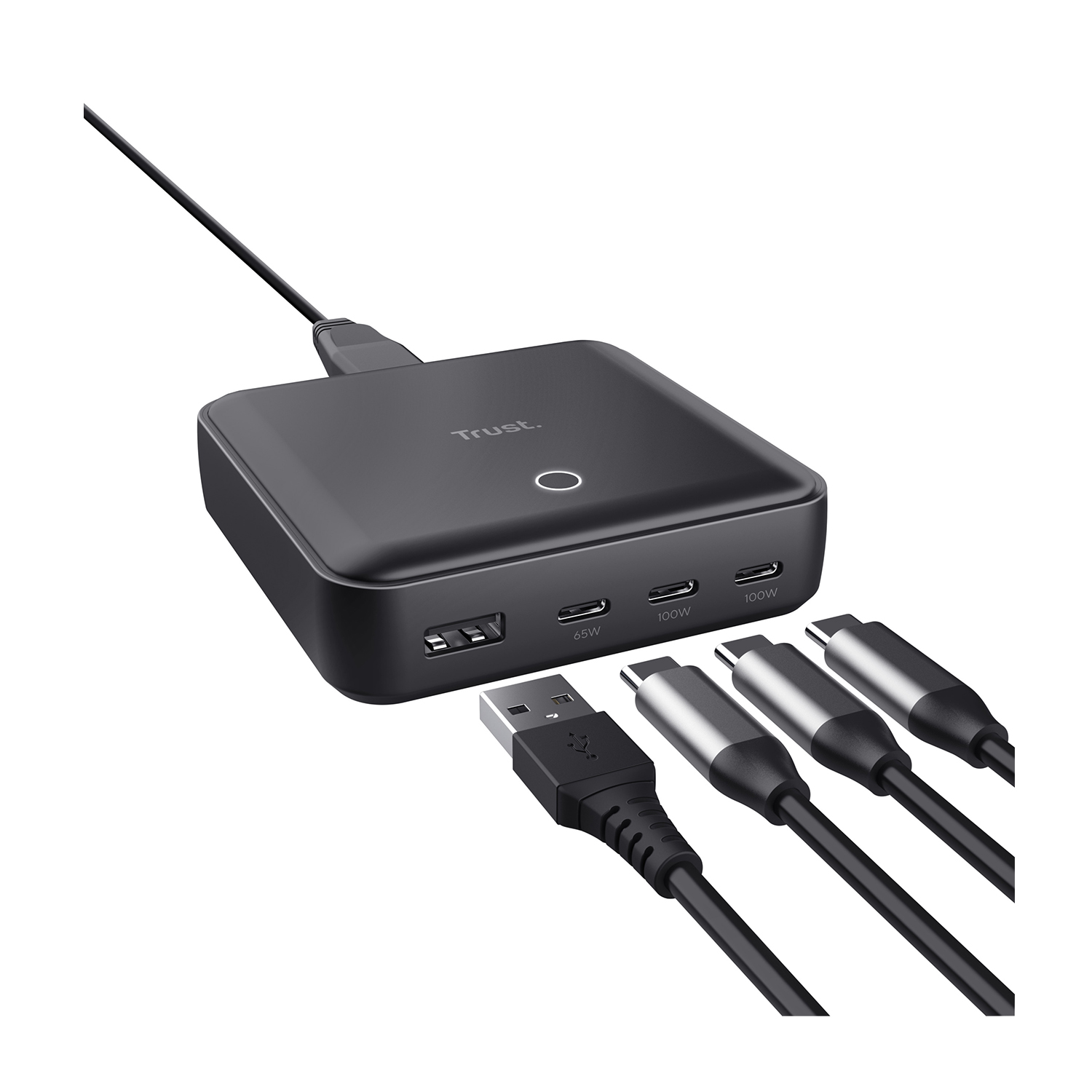 Un power bank nero Trust con più porte USB-C e cavi.