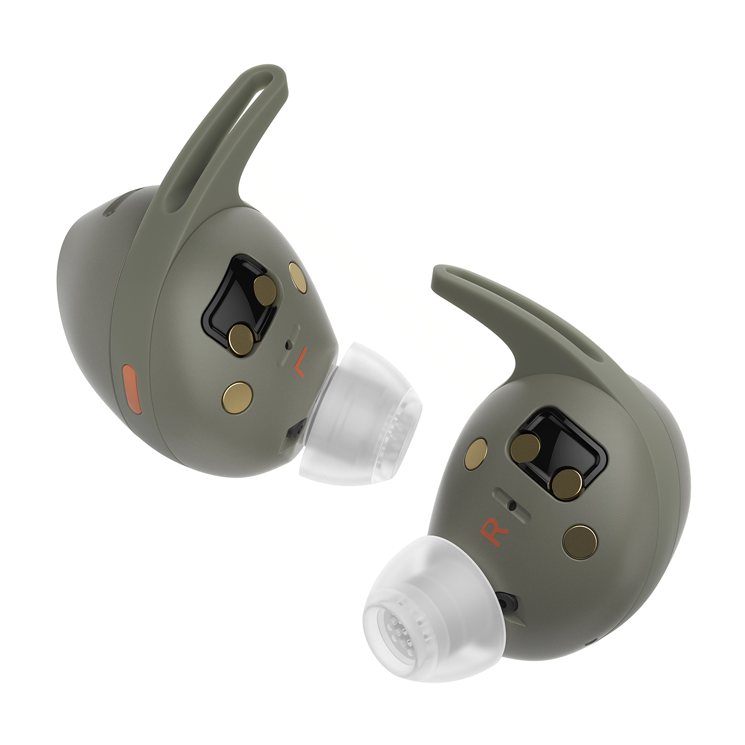 Due auricolari wireless verde oliva con ganci per le orecchie. L'auricolare destro mostra un dettaglio arancione.
