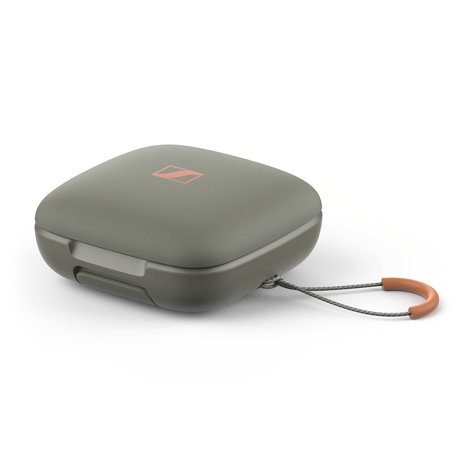 Custodia per auricolari verde oliva con manico marrone e logo in alto.