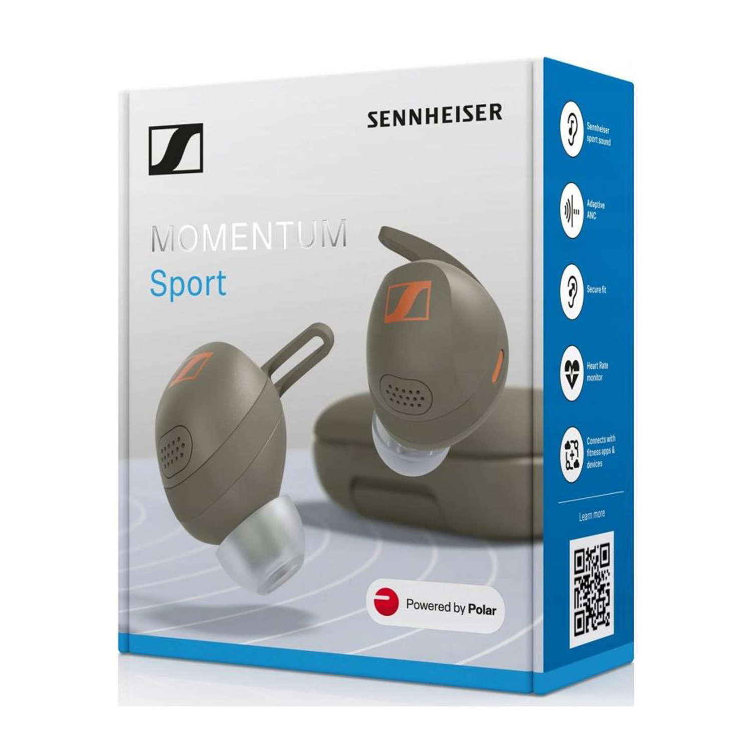 Auricolari Sennheiser in una scatola. Accenti grigi e arancioni. Sfondo bianco.