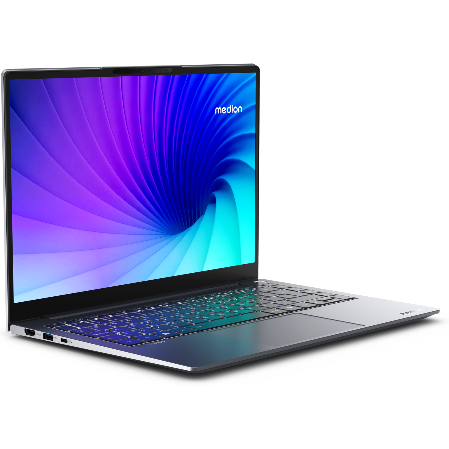 Een zilveren laptop met een scherm met paarse en blauwe verlopen.