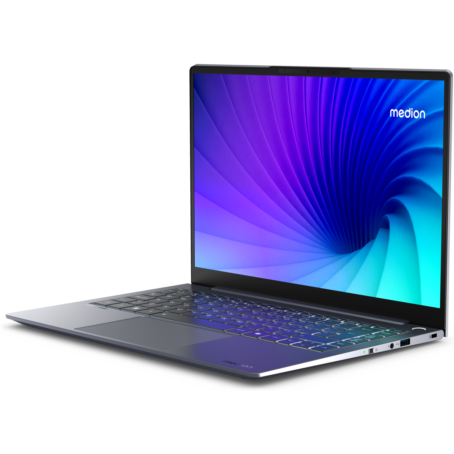 Laptop met een blauw-paarse gradiënt display, open op een donkere ondergrond.