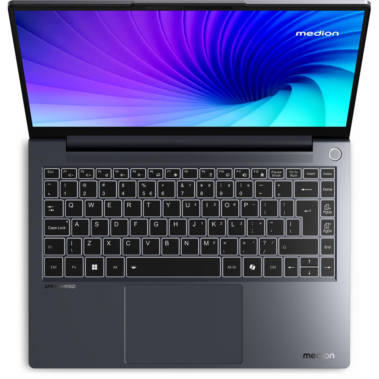 Bovenaanzicht van een laptop met toetsenbord, touchpad en scherm met een wervelend blauw-paars patroon.