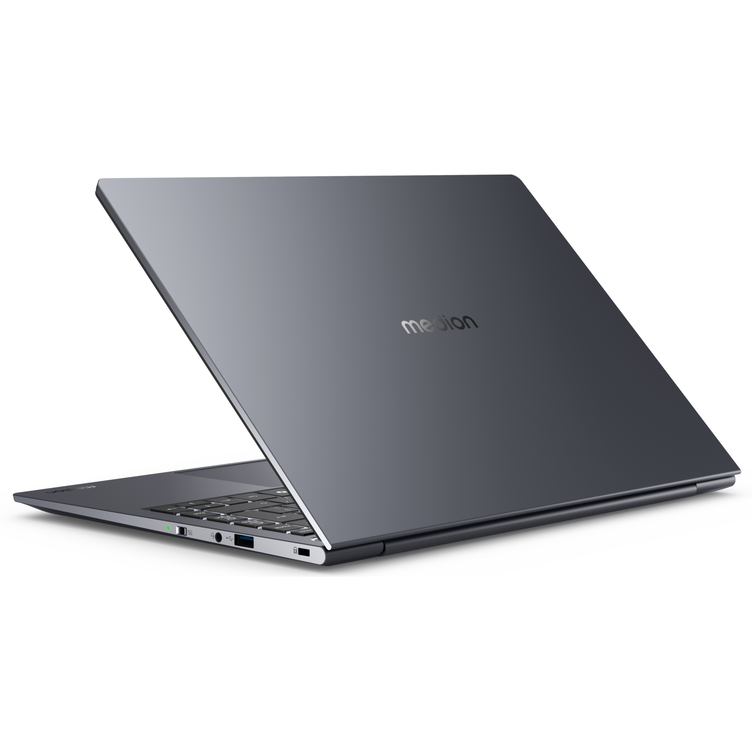 Donkergrijze laptop, open, met toetsenbord en scherm. Medion-logo zichtbaar.