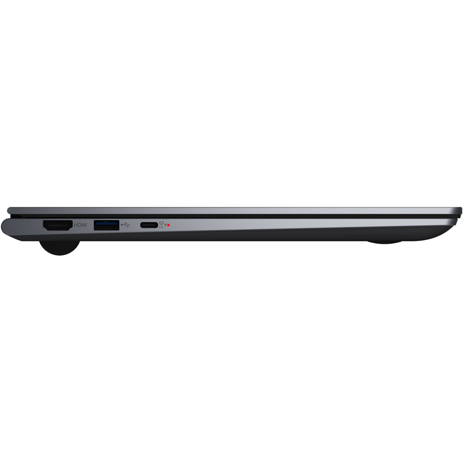 Zijaanzicht van een laptop, met poorten zoals HDMI, USB en opladen, op zwarte achtergrond.