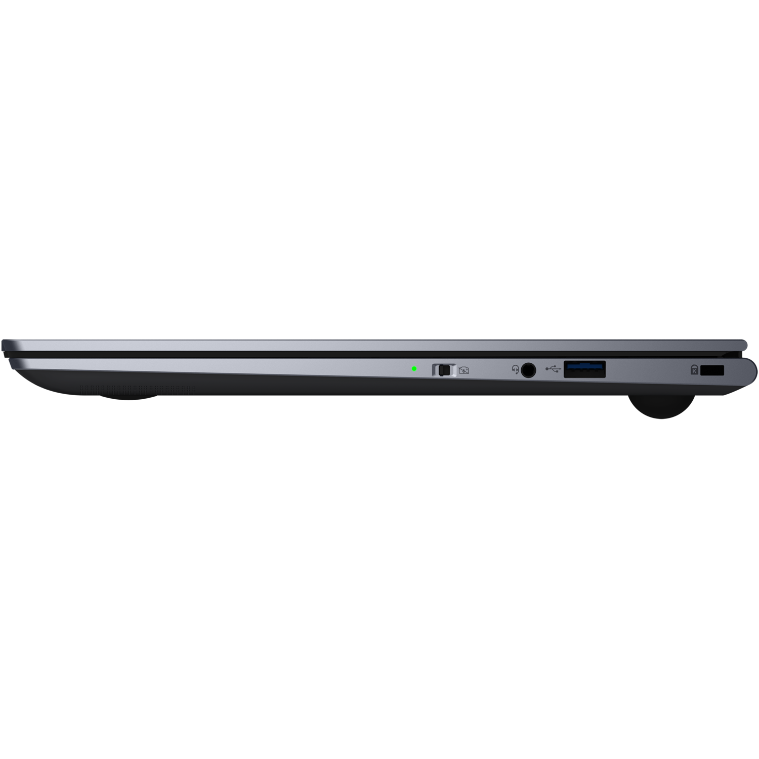 Zijaanzicht van een gesloten zilveren laptop op een zwarte achtergrond, poorten zichtbaar.
