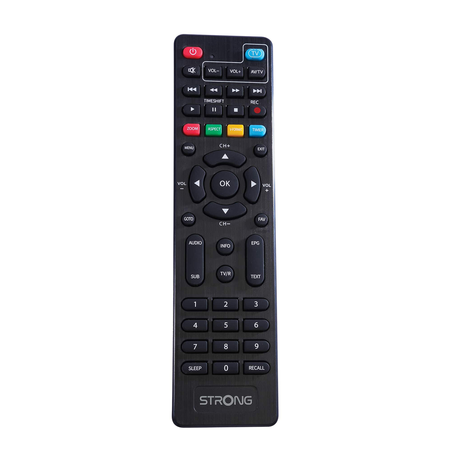 Telecomando nero con tasti colorati e varie funzioni.