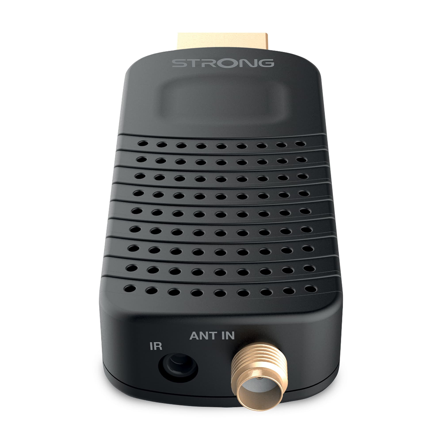 Dongle HDMI Strong nero con una porta antenna e le lettere IR e ANT IN.