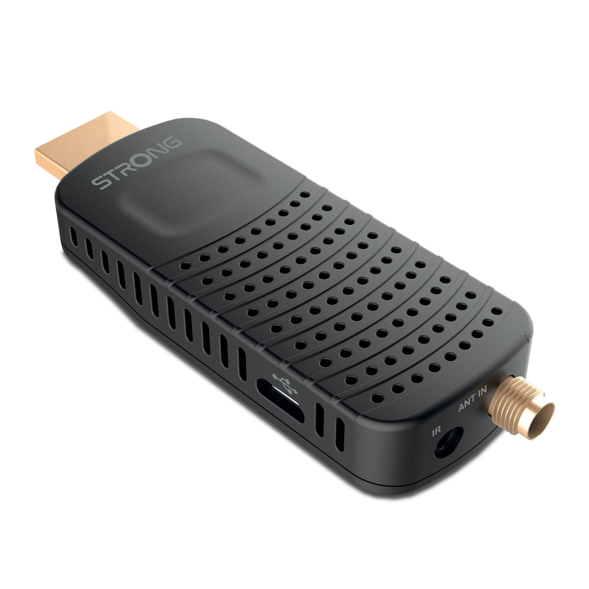 Ricevitore digitale Strong nero con connettore HDMI dorato, varie porte e fori di ventilazione.