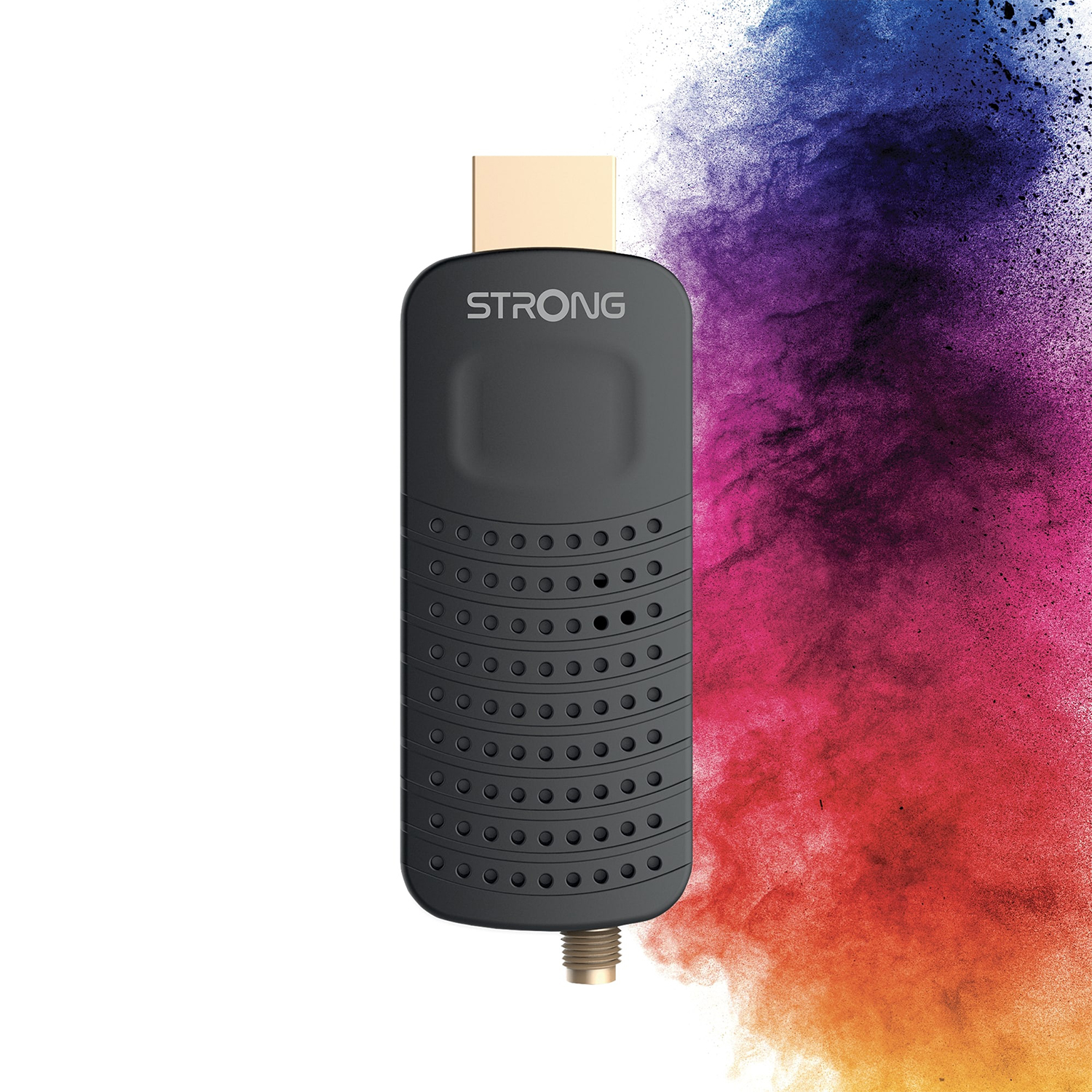 Un dispositivo di streaming STRONG nero con un connettore beige e sfondo colorato.