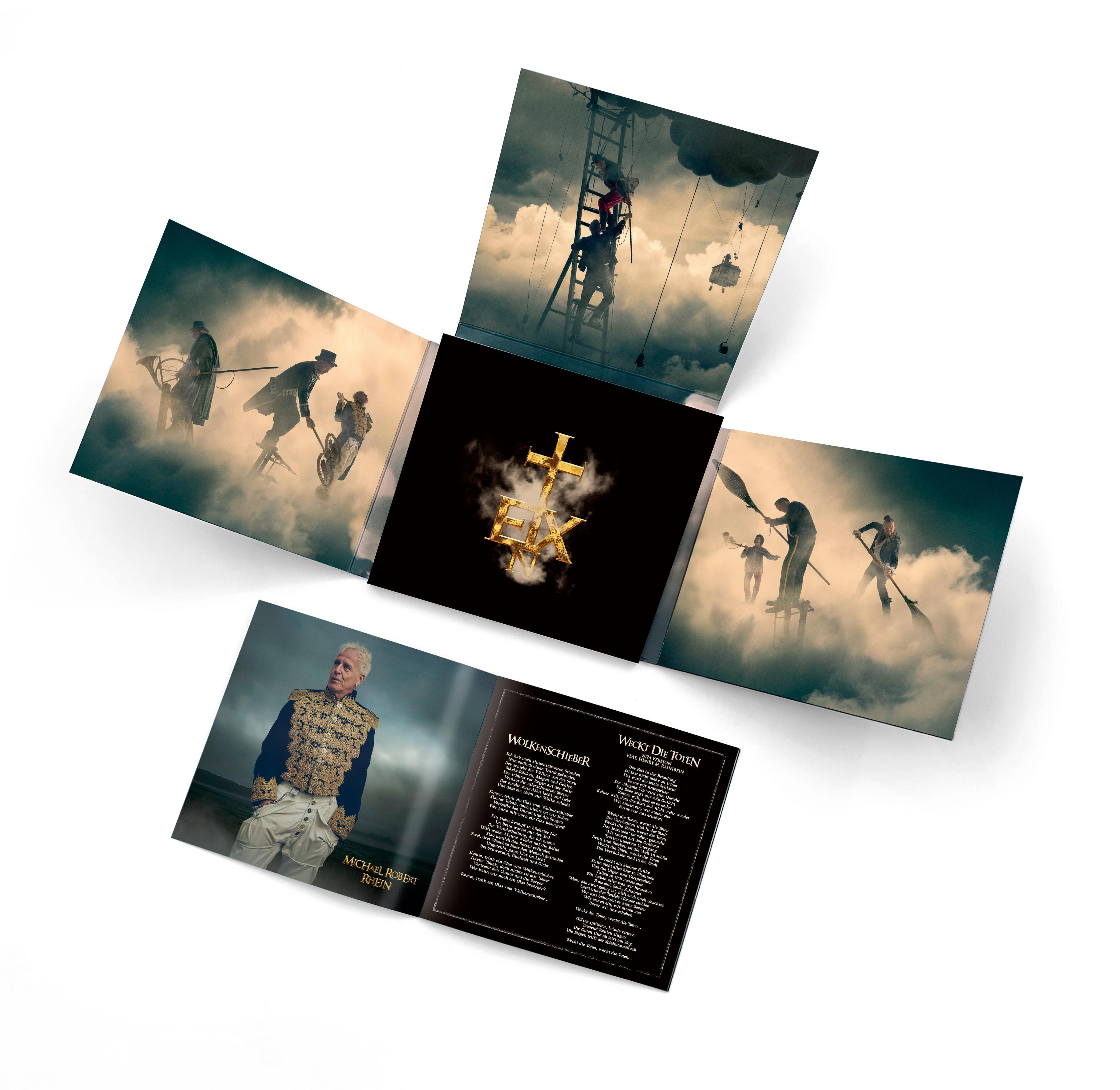 Album-Doppelseite mit Cover-Art mit Figuren auf Leitern, einem Kreuz und Text, auf weißer Oberfläche.