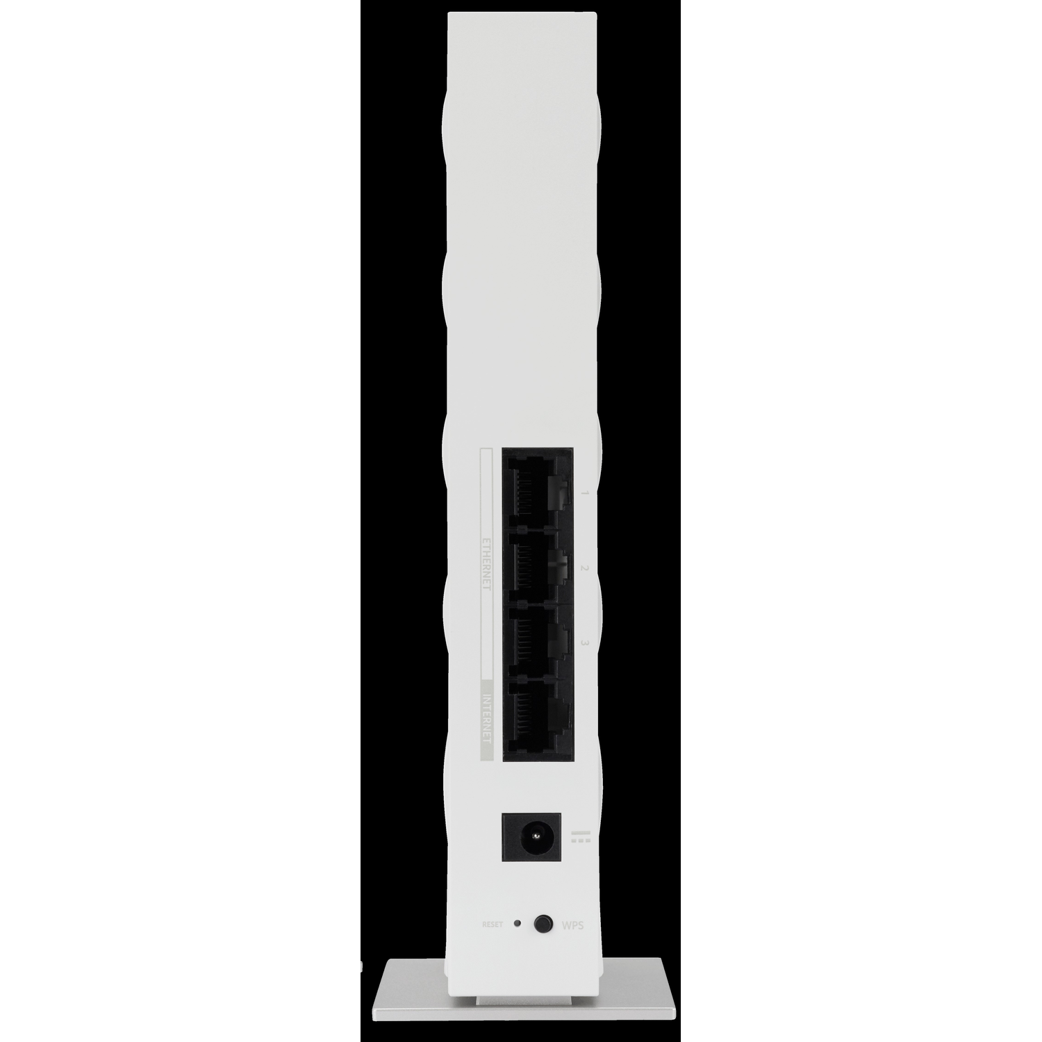 White router with ports on the back, standing on a silver base, plain background.