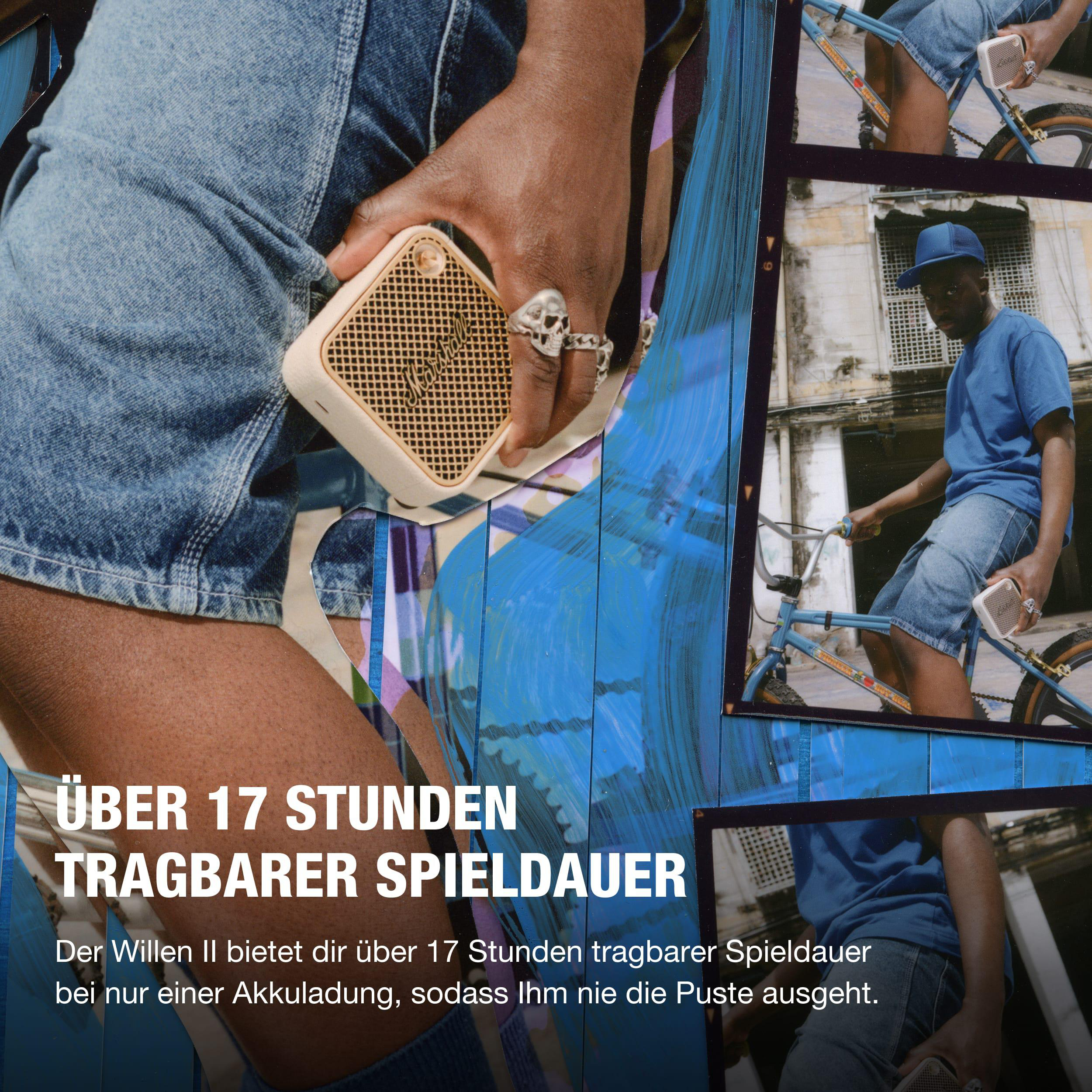 Mann hält einen kleinen beigen Marshall-Lautsprecher. Text beschreibt Akkulaufzeit.