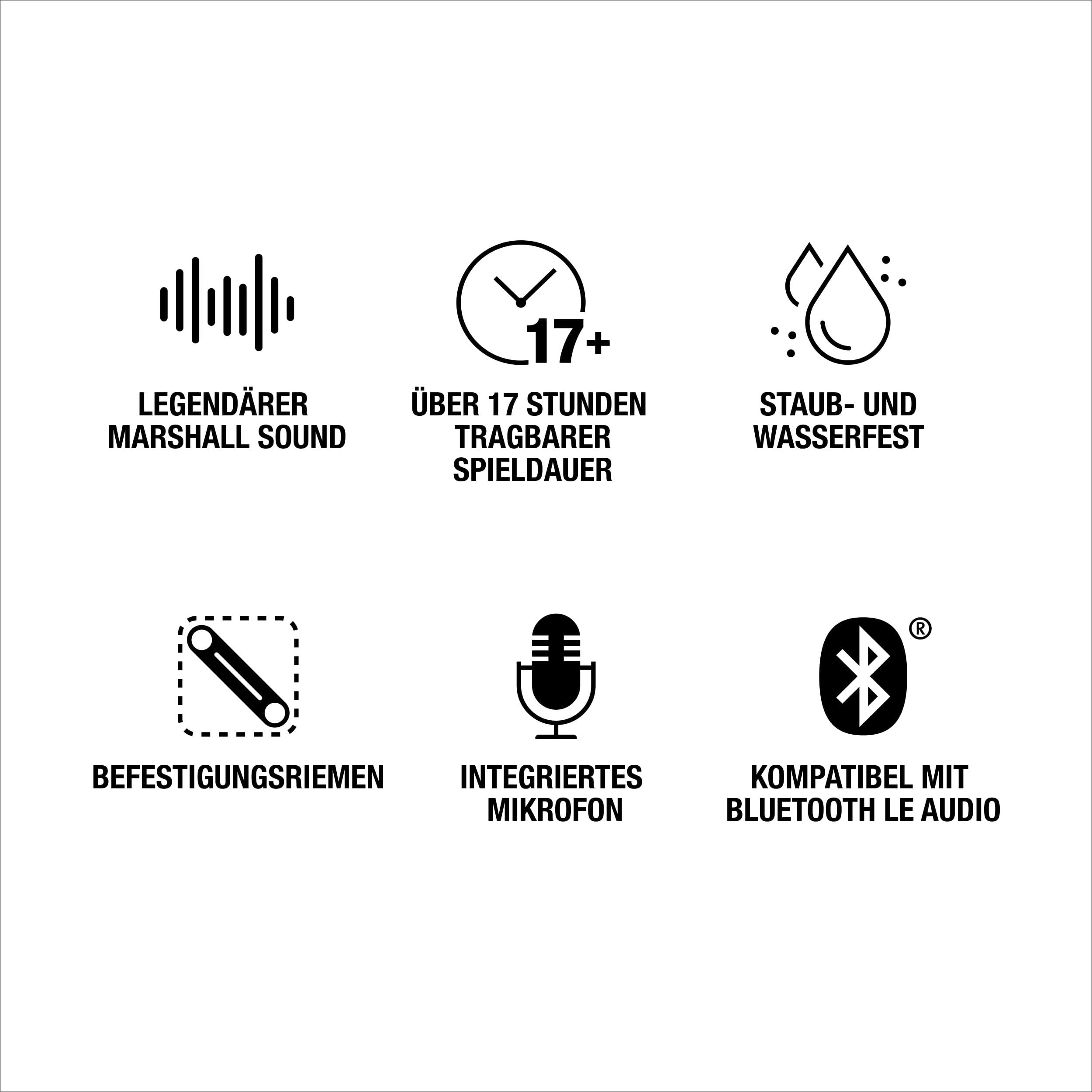 Symbole: Marshall Sound, 17+ Std. Spielzeit, staub- & wasserfest, Riemen, Mikro, Bluetooth.