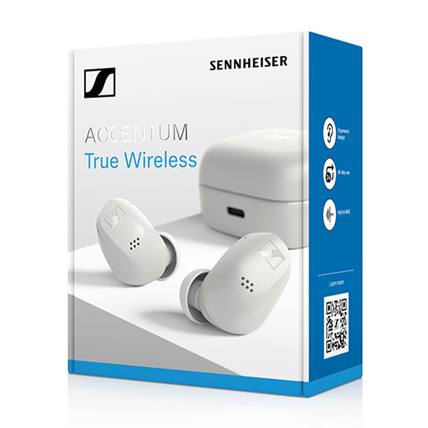 Scatola auricolari Sennheiser Accentum True Wireless con auricolari all'interno, sfondo bianco.