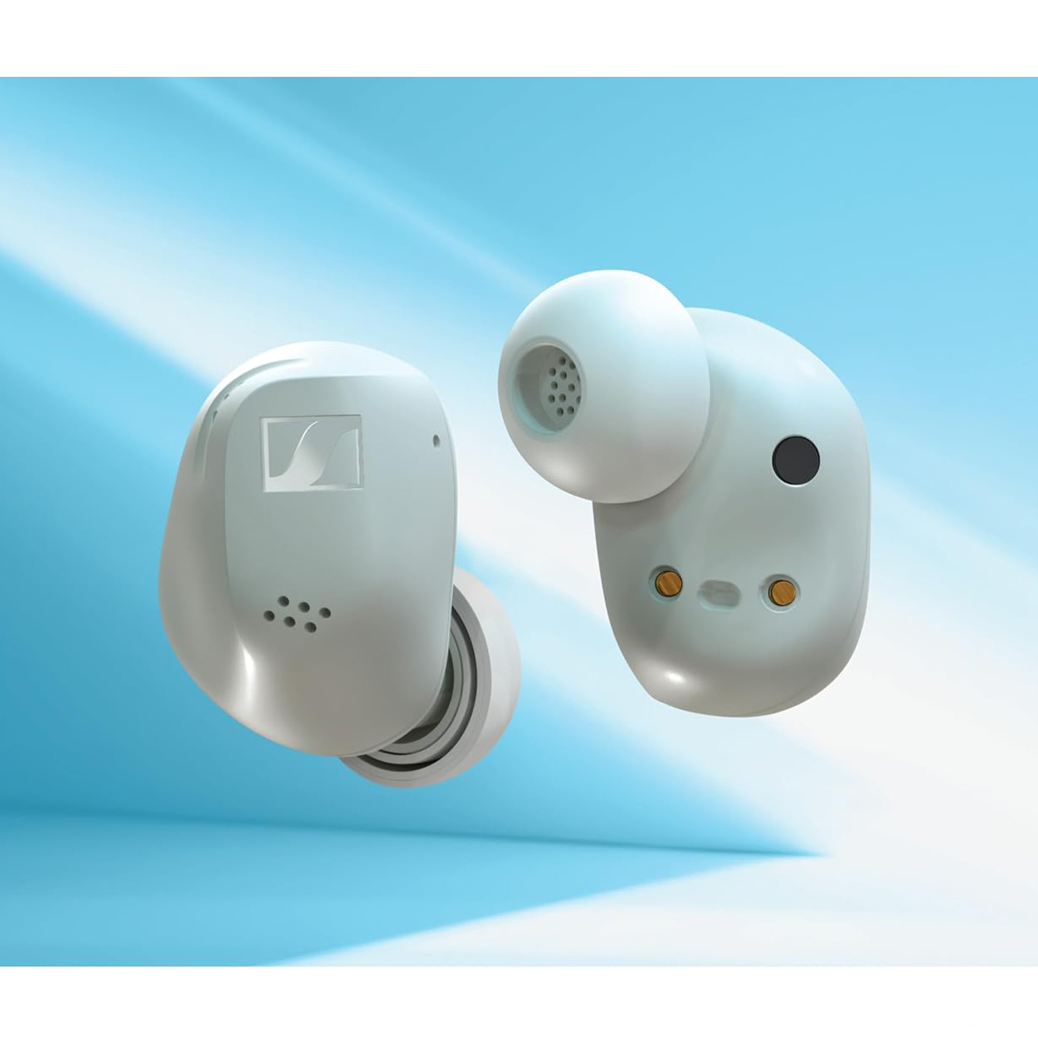 Due auricolari wireless bianchi su sfondo azzurro.