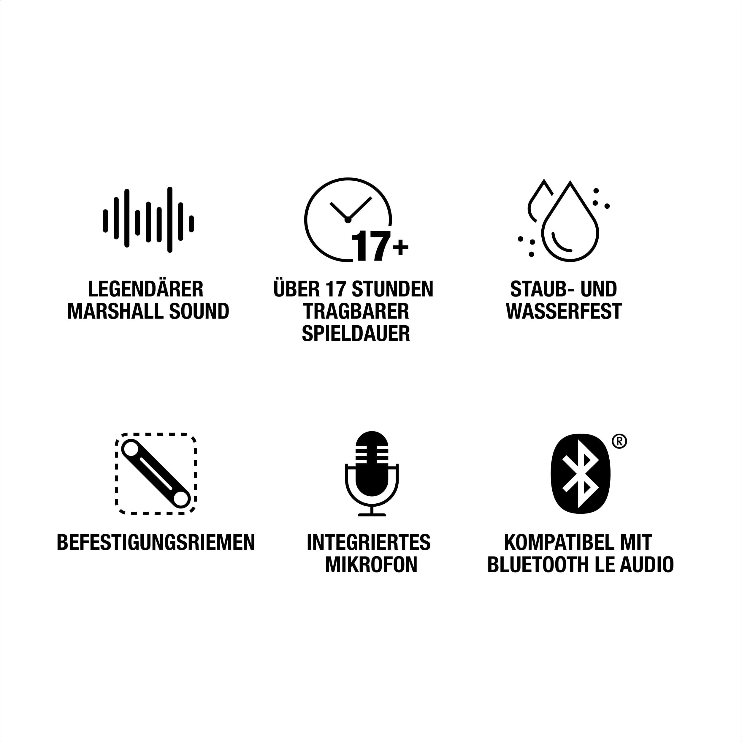 Sechs Symbole mit Text: Marshall-Sound, 17+ Stunden Spielzeit, staub- und wasserdicht, Befestigungsriemen...