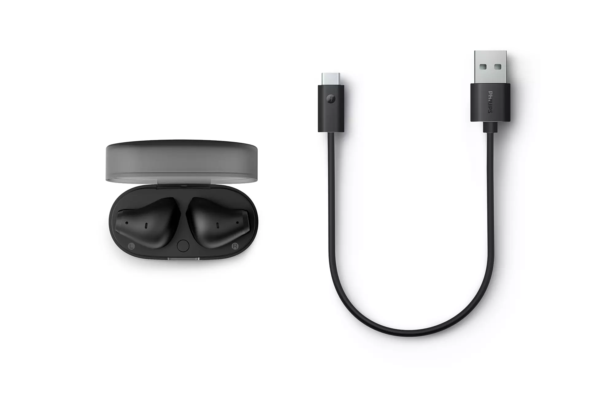 Şarj kutusunda kulaklıklar ve bir USB-C şarj kablosu, her ikisi de siyah.