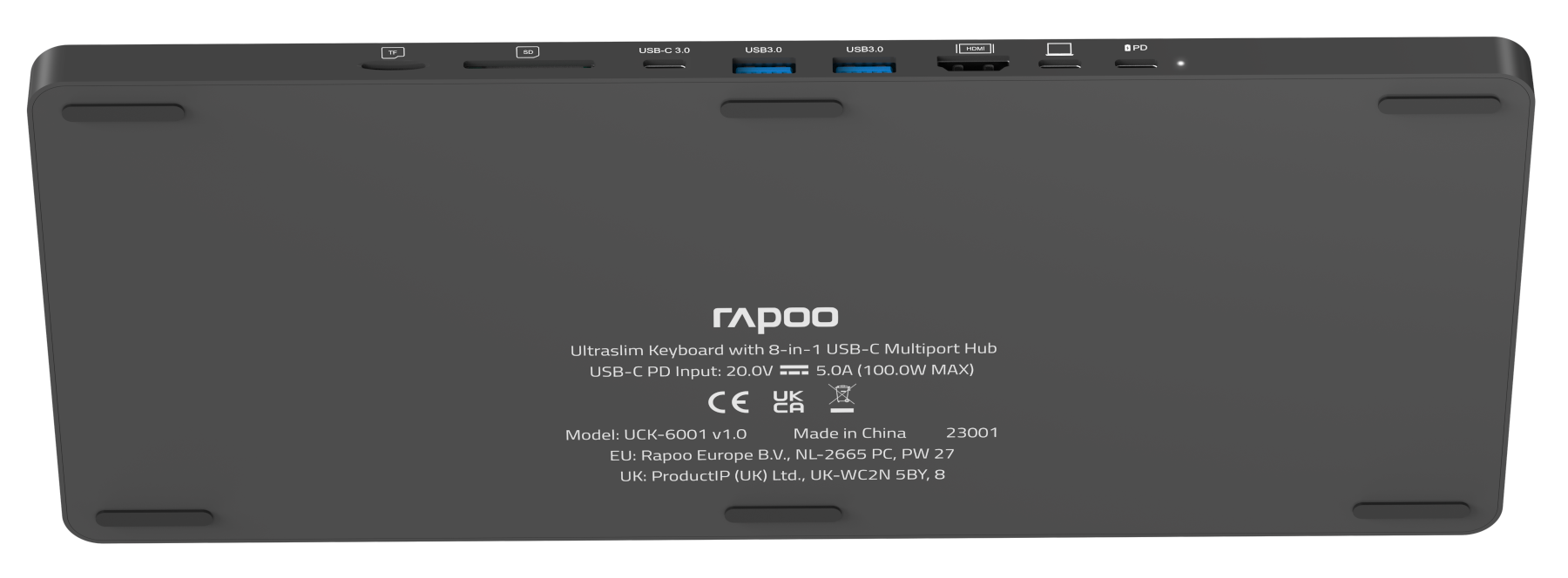 Egy fekete Rapoo billentyűzet alja 8 az 1-ben USB-C multiport hub részletekkel, fehér háttér.