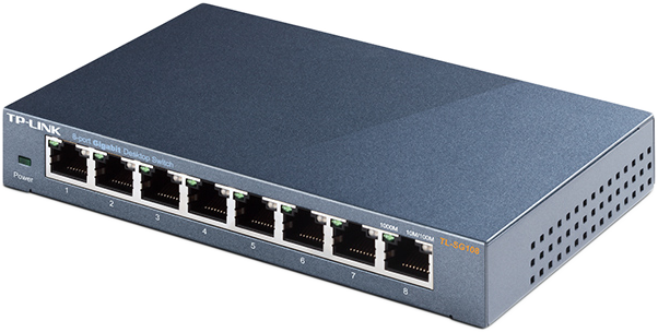 Sötétkék TP-Link 8 portos Gigabit asztali switch. Nyolc port látható, bekapcsolást jelző fénnyel.