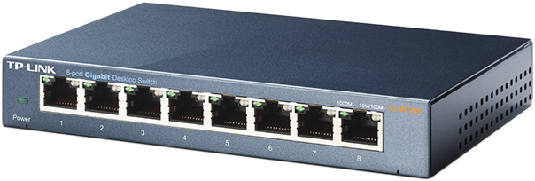 Egy 8 portos Gigabit switch. Fekete, nyolc RJ45 porttal.