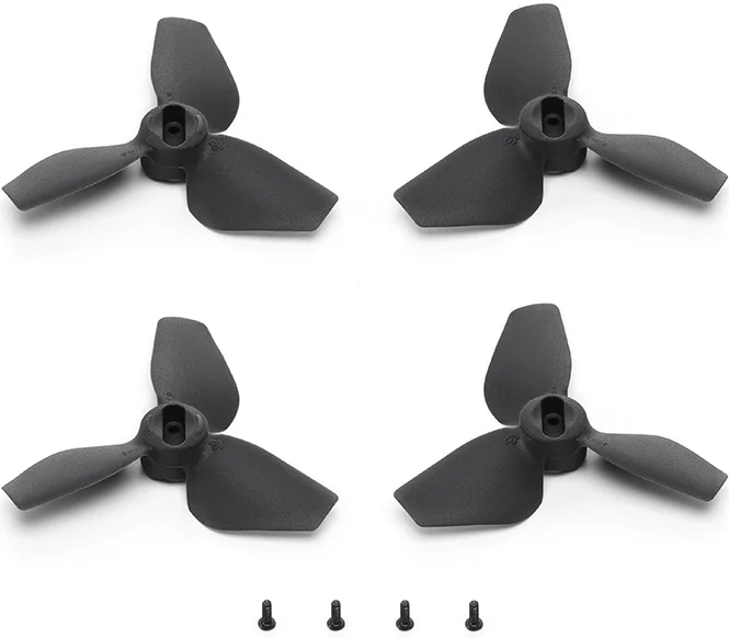 Vier schwarze Propeller mit Propellerbasis und Schrauben zur Befestigung.