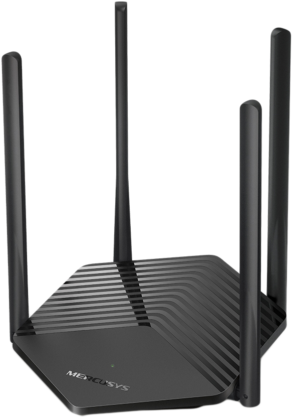 Fekete router négy antennával. A router hatszögletű.