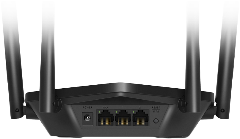 Egy fekete router négy antennával. Hátulján táp-, WAN- és LAN-portok találhatók.