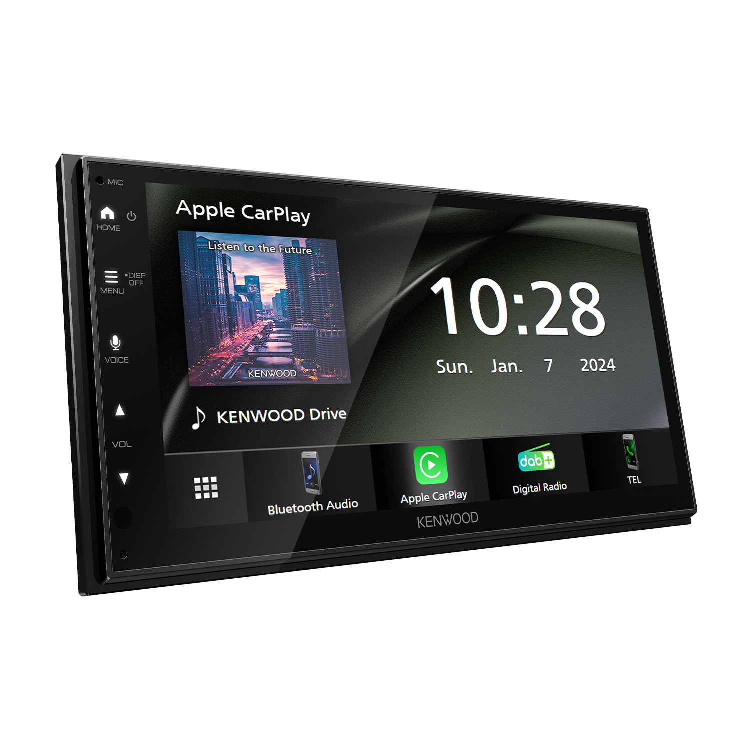 Interfaccia autoradio Kenwood, che mostra l'ora e la musica.