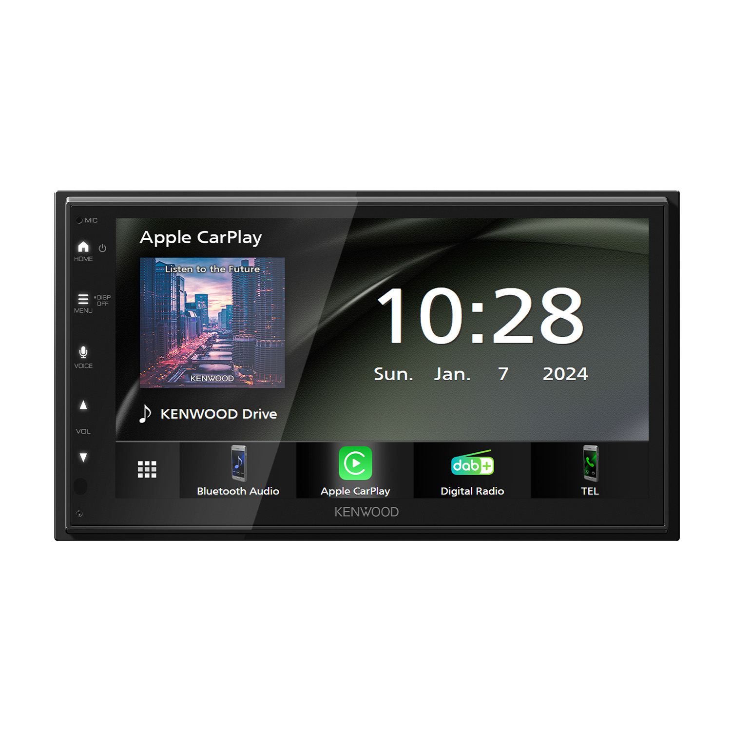 Schermo infotainment auto con interfaccia CarPlay, mostra ora e data.