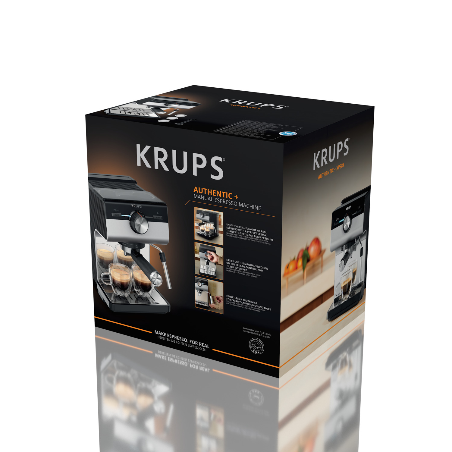 Krups espresso machine box with images of the machine and espresso cups, displaying product features.