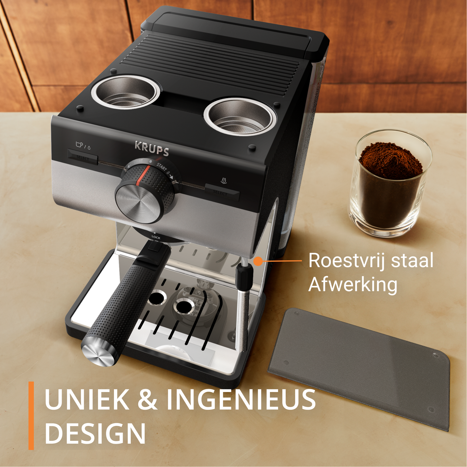 Stainless steel Krups espresso machine. A glass of coffee grounds is on the right.