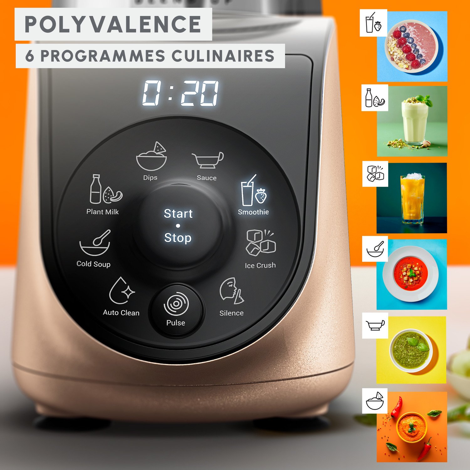 Mixeur avec écran et plusieurs images d'aliments. Texte en haut : Polyvalence.