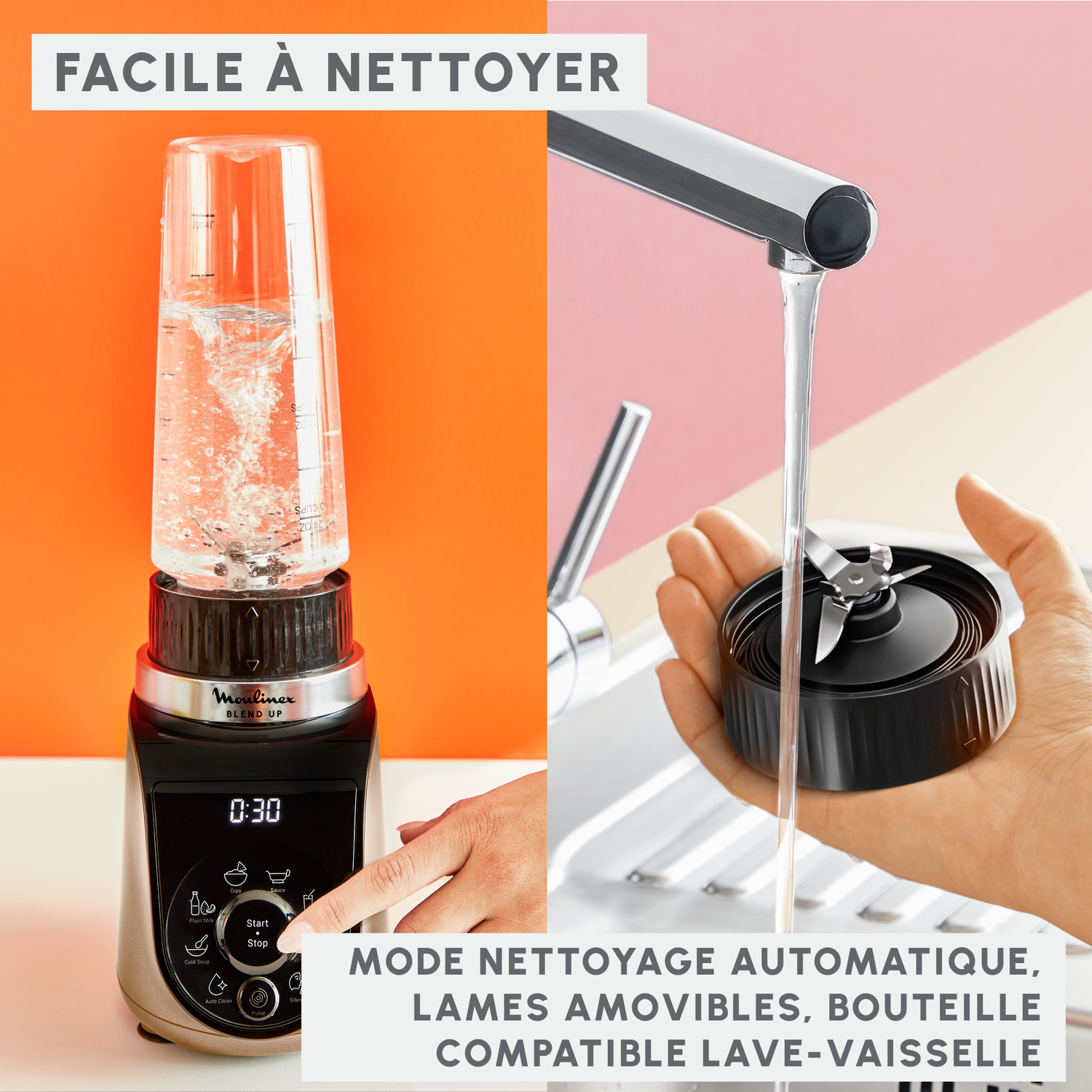 Nettoyage d'un mixeur. L'eau coule sur les lames.