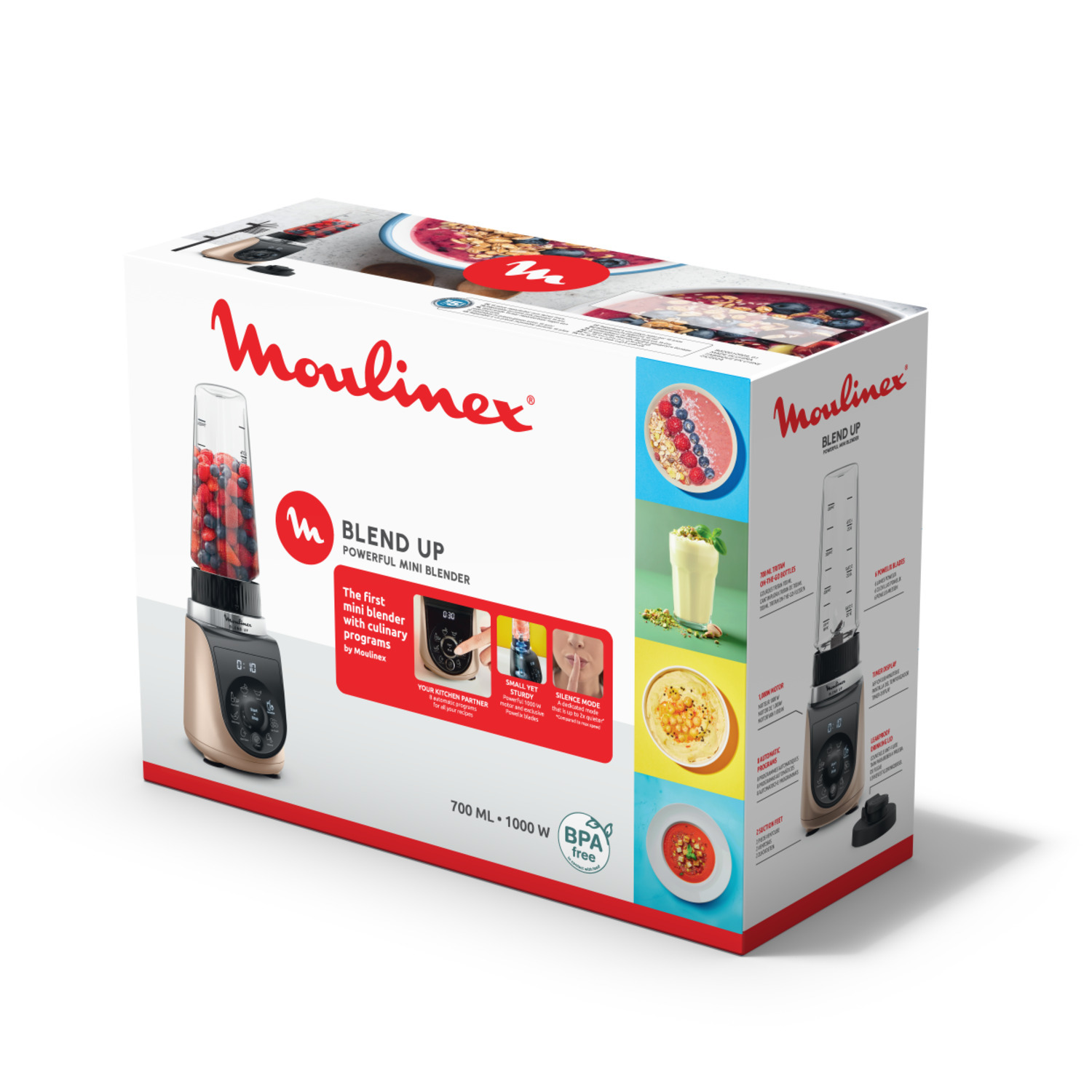 Boîte Moulinex Blend Up, avec mixeur et images d'aliments.