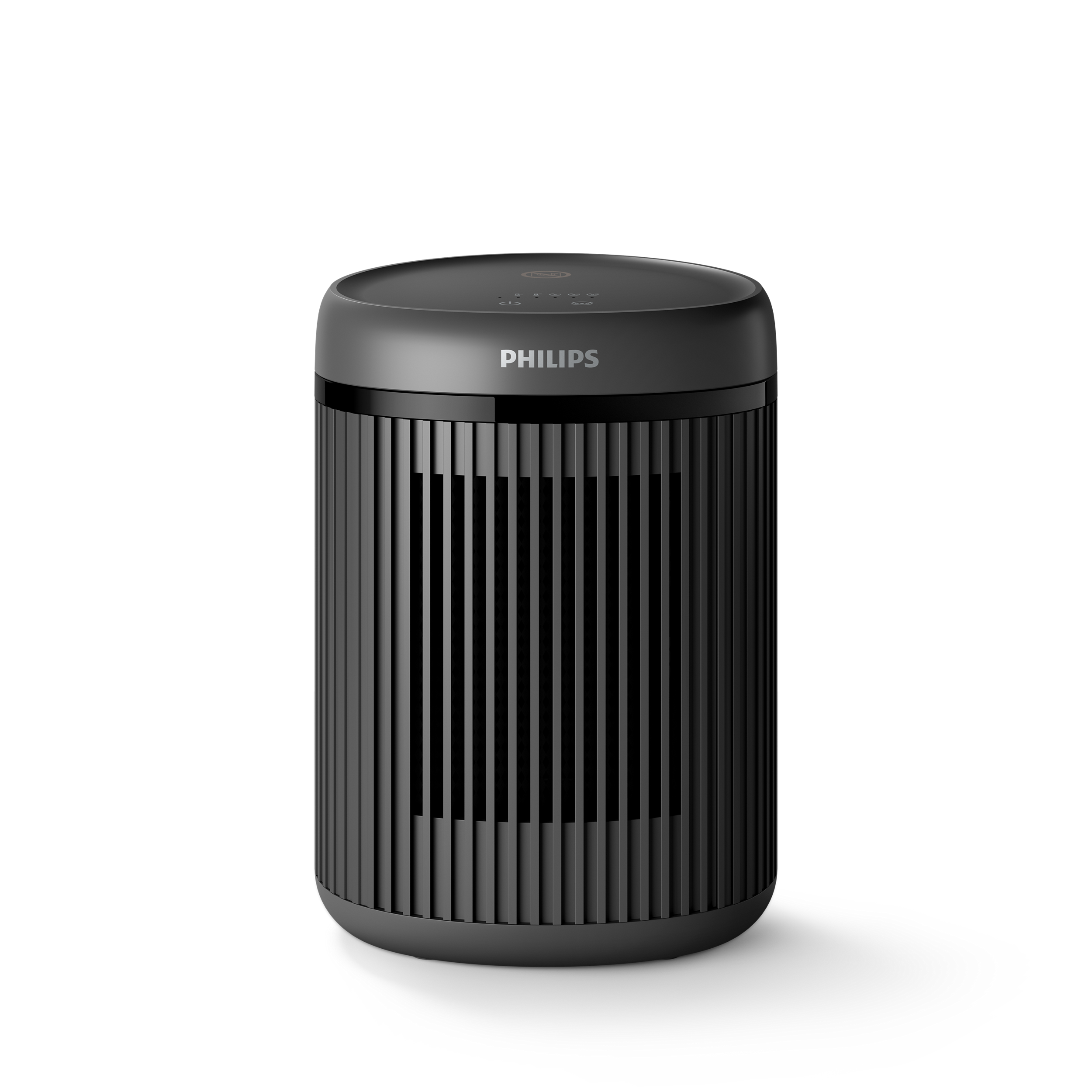 Schwarzer Philips Luftreiniger, zylindrisch mit vertikalen Lamellen, und dunklem Oberteil mit Philips Logo.