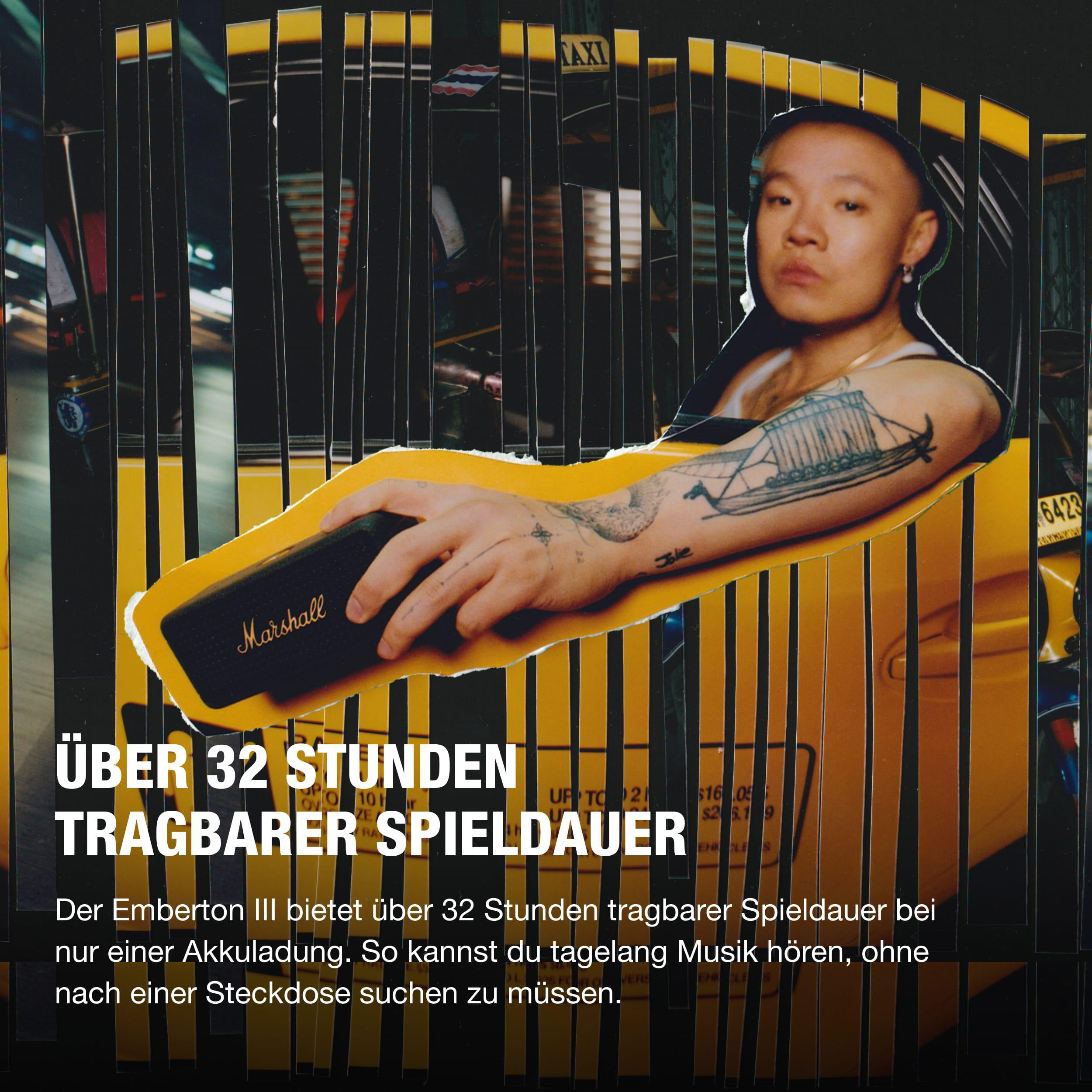 Mann mit Marshall-Lautsprecher vor einem Taxi. Text: 'Über 32 Stunden tragbare Wiedergabe'.